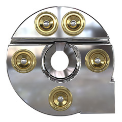 Golden speaker with silver chrome alphabet text