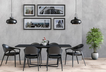 3D rendering of neutral interior with table chair and lamp on wall background