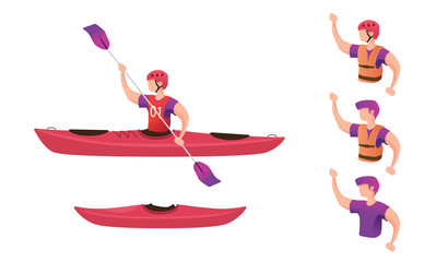 Kayak and people equipped with various kayak equipment. Vector illustration.