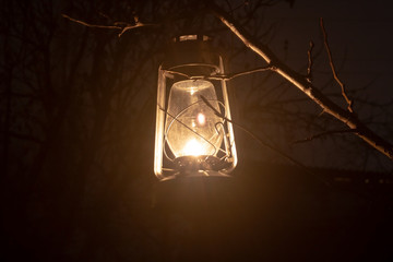 Burning lantern hanging at night on a tree
