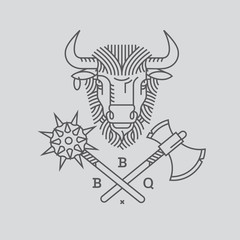 Emblem, badge with a bull's head. Ribbon, the motto, a Laurel wreath, a cleaver and a knife in the style of linear engravings design premium logo or emblem. Bull with a crown symbol of strength, perse