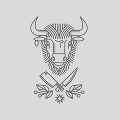 Emblem, badge with a bull's head. Ribbon, the motto, a Laurel wreath, a cleaver and a knife in the style of linear engravings design premium logo or emblem. Bull with a crown symbol of strength, perse