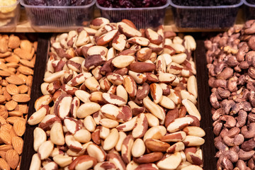 Brazil Nuts Close-Up Background. Food Background Top View.
