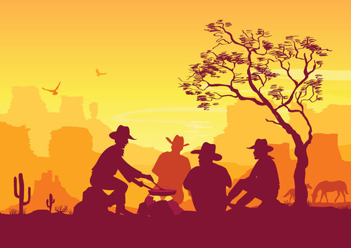 Cowboys around a campfire. Western American desert landscape