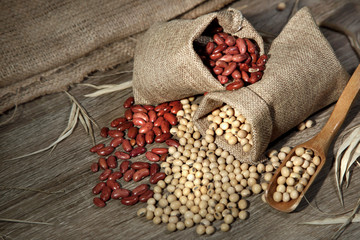 red bean and soybean on burlap bag