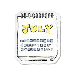 retro distressed sticker of a cartoon calendar showing month of July