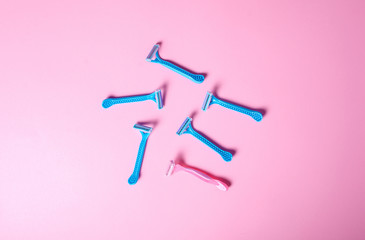 razor care beauty depilation on pink background, top view