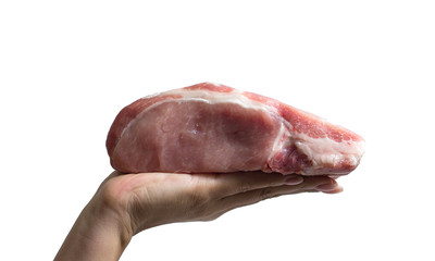 Hand of female is holding a piece of fresh pork on a white background