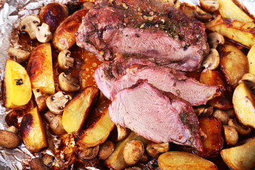 Grilled pork meat with potatoes. barbecue. Selective focus.