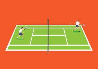 Two Tennis Players Having a Game in Tennis Court Cartoon Vector Illustration