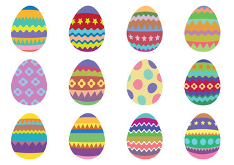 Set of 12 colourful Easter eggs on a white background.