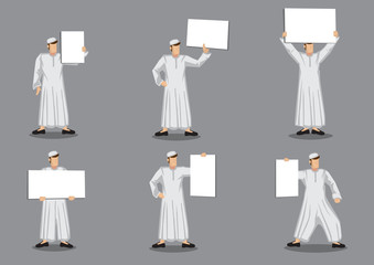 Muslim Man in Tradition Costume Holding Blank Placard Vector Cartoon Illustration