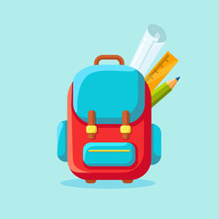 School backpack icon. Kids rucksack, knapsack isolated on white background. Bag with supplies, ruler, pencil, paper. Pupil satchel. Children education, back to school concept. Vector flat illustration