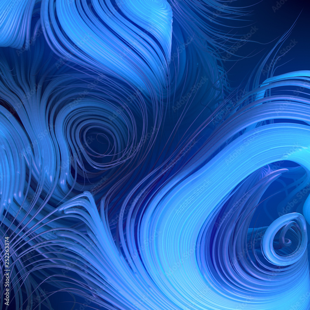 Poster Curl noise flow abstract blue lines. Very shallow depth of field. 3D rendering