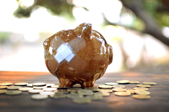 Broken piggy bank with coins on wood plank and tree bokeh background , saving and protecting money concept.