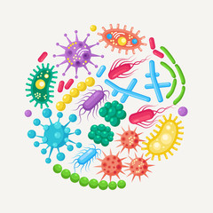 Fototapeta premium Set of bacteria, microbes, virus, germs. Disease-causing object isolated on background. Bacterial microorganisms, probiotic cells. Vector cartoon design.