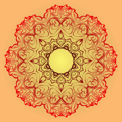 Hand-Drawn Ethnic Mandala. Circle Lace Ornament. Vector Illustration. For Coloring Book, Greeting Card, Invitation, Tattoo. Red, orange sunrise color