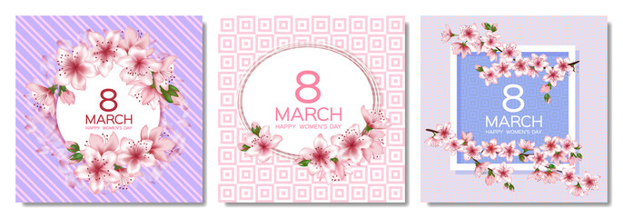 8 March Happy Women's Day vector cards set.