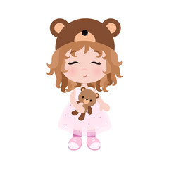 Cute little girl in hat with bears ears. Baby holding plush toy. Vector.