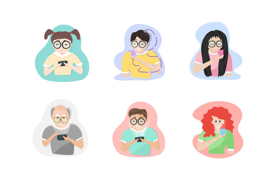 People characters playing mobile, social media addiction lifestyle in all age group, people cartoon characters flat design, vector