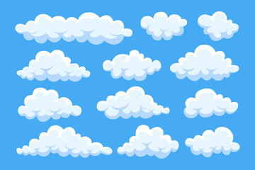 Cartoon clouds in blue sky. Cloudscape isolated on background. Heaven. Vector flat design