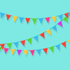 Fototapeta premium Banner with garland of colour festival flags and ribbons, bunting. Background for celebrate happy birthday party, carnaval, fair. Vector flat design