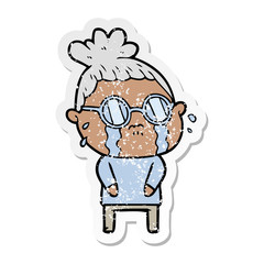 distressed sticker of a cartoon crying woman wearing spectacles