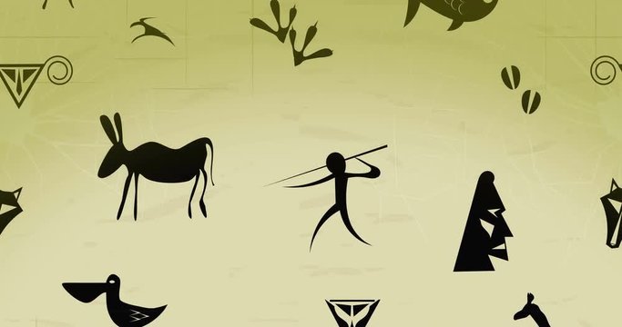 4k video primitive primitive drawings of prehistoric people. Cave paintings of ancient people. Animation of tribal paintings