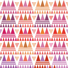 Fresh pink, purple and orange boho style triangle clusters. Repeat vector pattern on white background with summer vibe. Great for wellbeing, yoga, beauty products, gift wrap, stationery, packaging