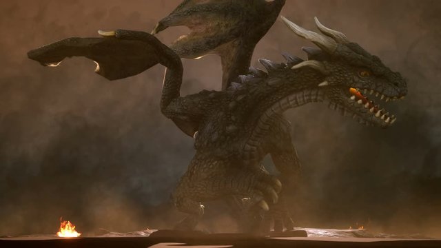 A big angry dragon in the desert is fighting off its enemies. 3D animation fantasy background.