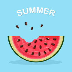 Watermelon slice with peel and seeds isolated on background. Summer fruit for vegetarian diet, healthy lifestyle. Vector cartoon design