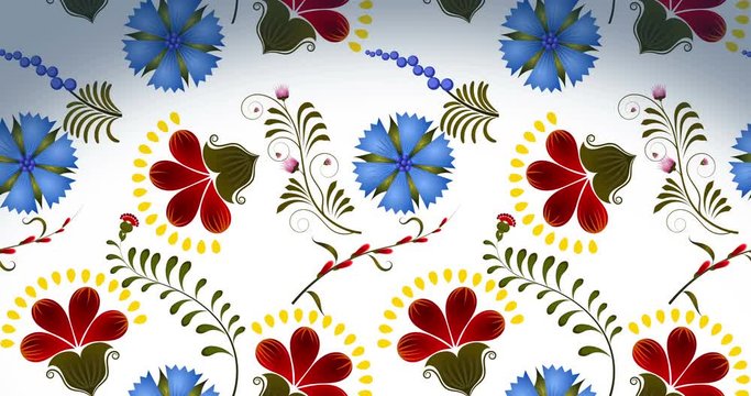 4k video of floral pattern with elements of Petrikovs painting on white background. Animation with elements of plants and nature.