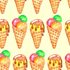 watercolor hand drawn ice cream seamless pattern