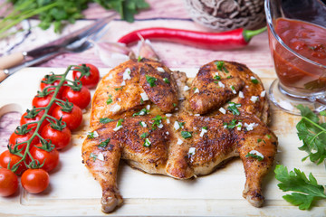 Fried chicken tobacco (tabaka) on the board. Selective focus, close-up.