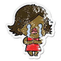 distressed sticker of a cartoon woman crying