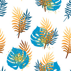 Seamless pattern with tropical blue and golden leaves. Vector illustratration