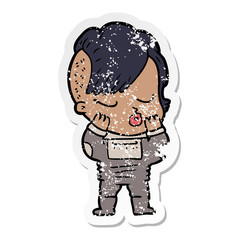 distressed sticker of a cartoon pretty hipster girl