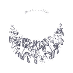 Floral design template. Hand drawn spring flowers sketches. Perfect for invitation, greeting cards, decor, branding, logo. Wedding or holiday template. Vintage art with garden plants. 