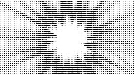 Halftone gradient explosion pattern. Abstract halftone vector dots background. Fireworks dots pattern. Pop Art, Comic small dots. Star rays halftone poster. Shine, sun rays. Outer space, sunrise rays