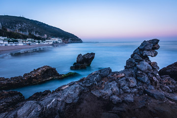 View of the Garraf beach in Barcelona at Sunset, Spain