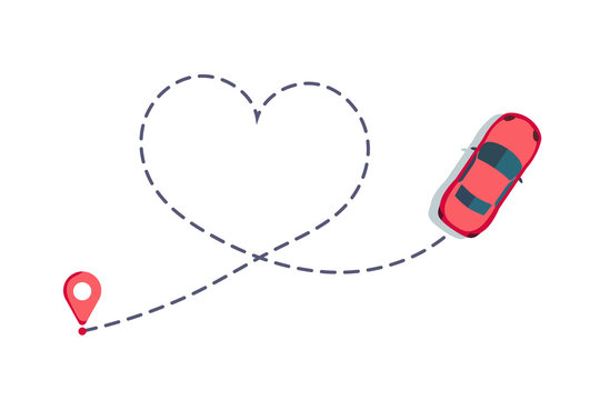 Love car route. Romantic travel, heart dashed line trace and routes. Hearted vehicle path, dotted love valentine day drawing isolated vector illustration.