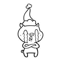 crying pig line drawing of a wearing santa hat