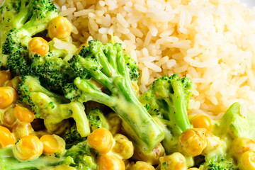 broccoli, chickpeas and rice closeup, food background