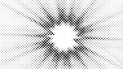 Halftone gradient explosion pattern. Abstract halftone vector dots background. Fireworks dots pattern. Pop Art, Comic small dots. Star rays halftone poster. Shine, sun rays. Outer space, sunrise rays