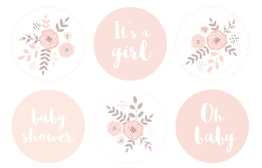 Cute Baby Shower Vector Sticker. Round Tags with Abstract Flowers. Pink Color Bouquet in a Circle. It's a Girl. Lovely Baby Shower Theme Cake Toppers Set. Funny Decoration for Baby Girl Party.