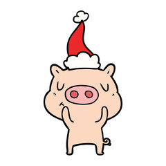 line drawing of a content pig wearing santa hat