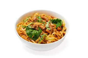 Noodles with meat in a plate on a white background