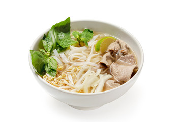 Noodle and chicken soup on white background