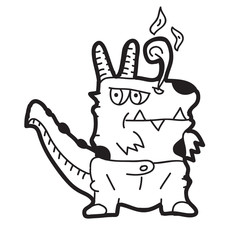 A fire dragon doodle character. Hand drawn illustration for t-shirt print design, coloring book, greeting card.