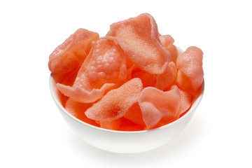 Crab chips in a plate on a white background